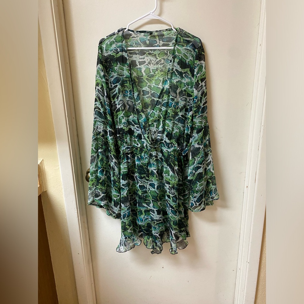 Green Snakeskin Print Romper With Ruffle Details